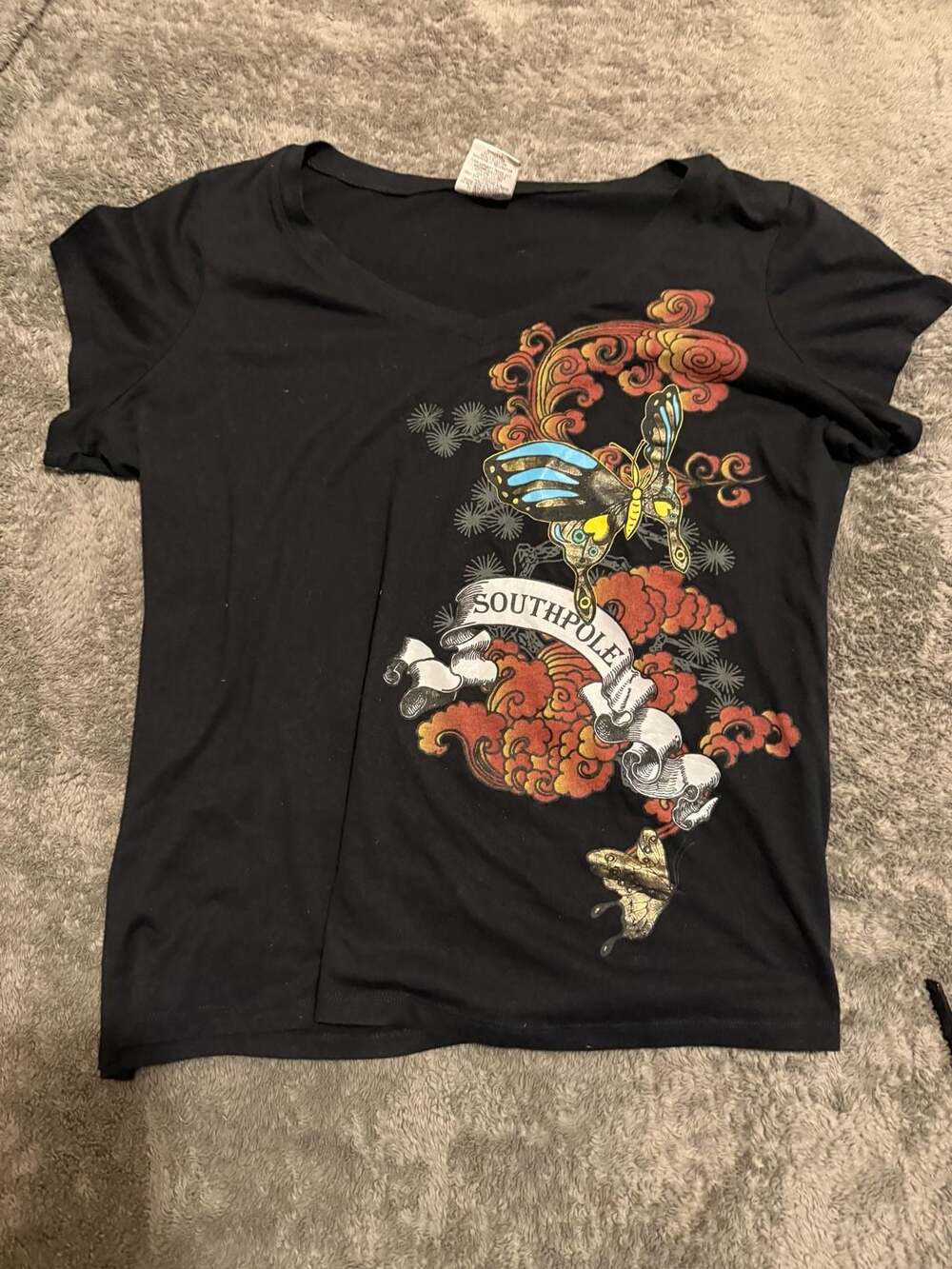 Southpole Black V-Neck Butterfly and Scroll Graphic T-Shirt